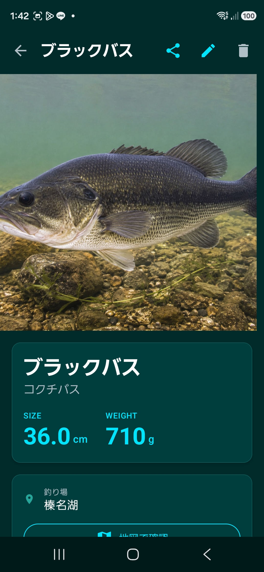 ブラックバスの釣果詳細画面