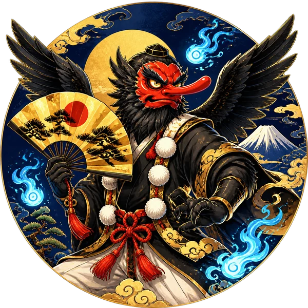 黒い翼と扇を持つ烏天狗